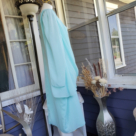 Vintage 70's After Dark Mint Green 2 Layered Chiffon Drape Bow Formal Dress - Picture 3 of 10